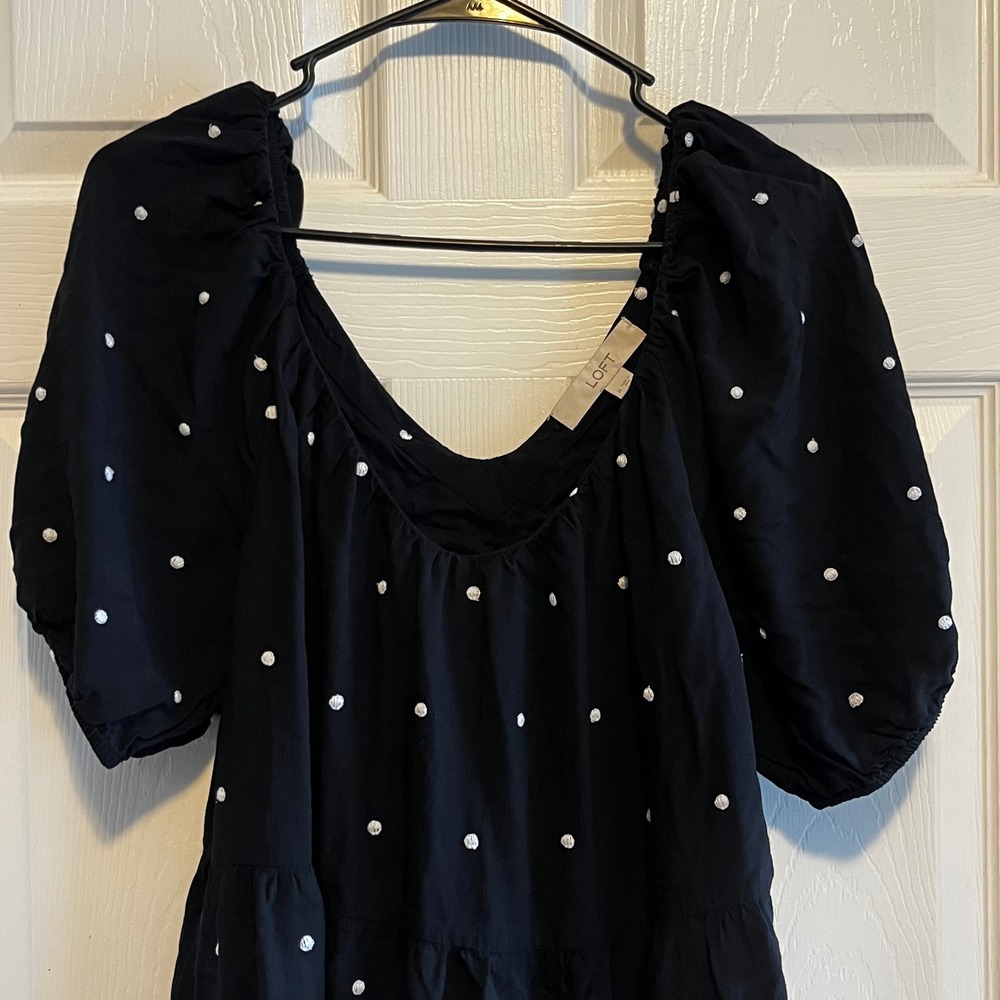 LOFT Black Polka Dot Tiered Puff Sleeve Square Neck Mini Dress Womens Medium - Picture 3 of 12
